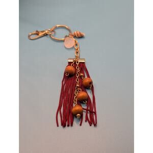 Handmade Bohemian Red Tassel Bag Charm Keychain with Gold Accents & Wood Beads